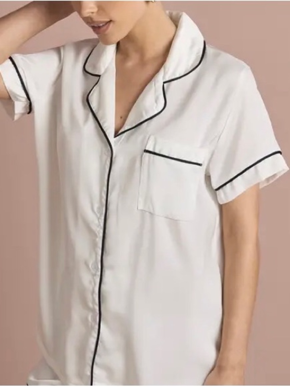 Mango Women's White Short Sleeve Top with Black Piping